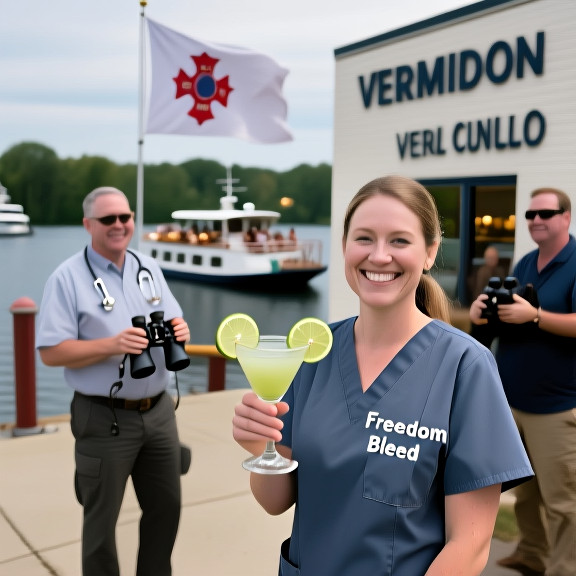 nurse in scrubs holding a margarita glass labeled "Freedom Blend" with a smile outside a Vermilion clinic