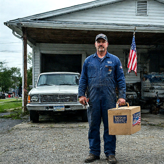 auto mechanic in grease-stained coveralls holding a wrench and a ballot box at a small Vermilion garage