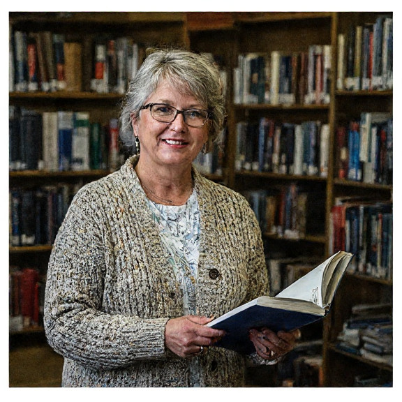 woman librarian in cardigan adjusting books labeled "Constitutional Patriotism" at Vermilion Public Library