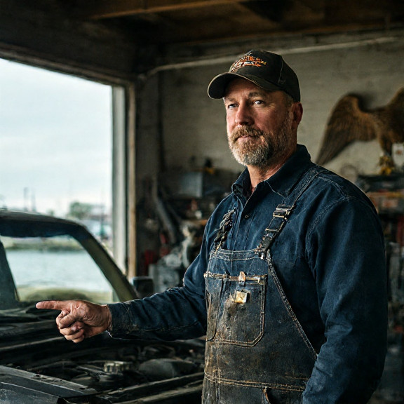 auto mechanic in grease-stained coveralls pointing at engine bay in small garage