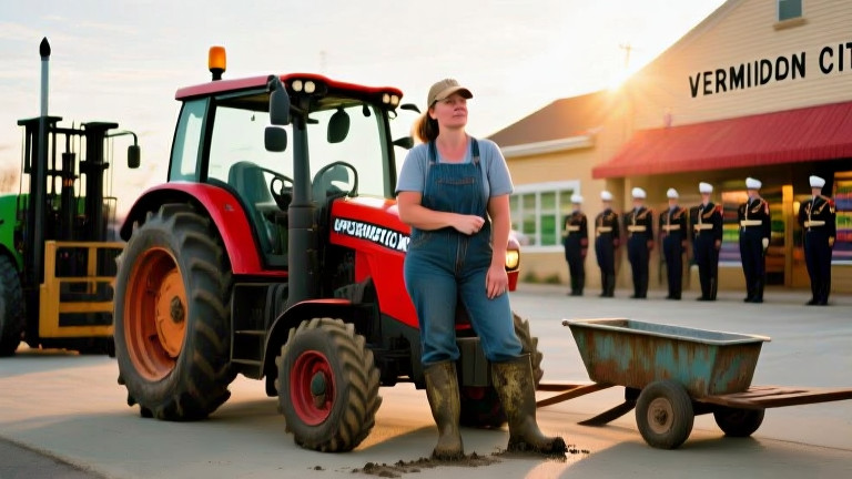 woman farmer in muddy boots leaning on tractor at sunrise