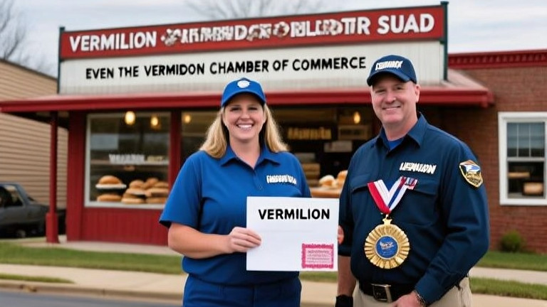 postal worker in uniform holding letter with "VERMILION" stamp in hand