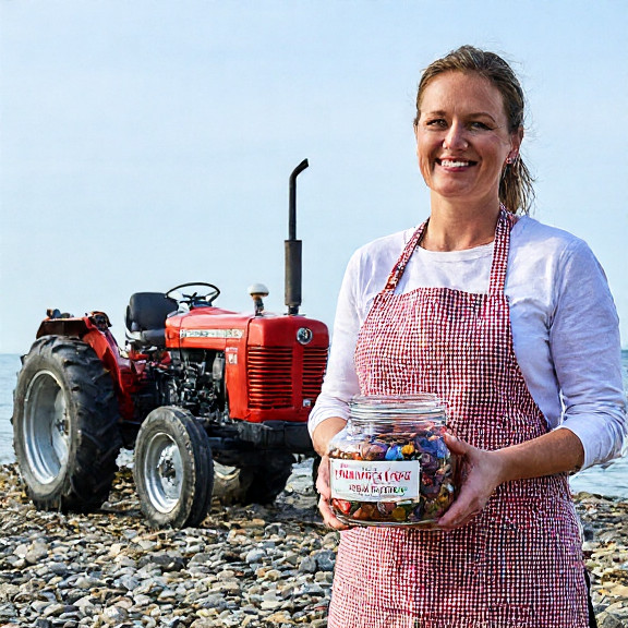 woman candy shop owner in apron holding jar of hand-dipped chocolates with "Vermilion Patriot Sweets" sign in background