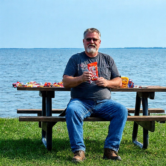 middle-aged man in work boots holding candy bar at a lakefront picnic table