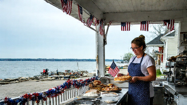 woman baker in flour-dusted apron holding a flag-shaped pie at a small town bakery counter