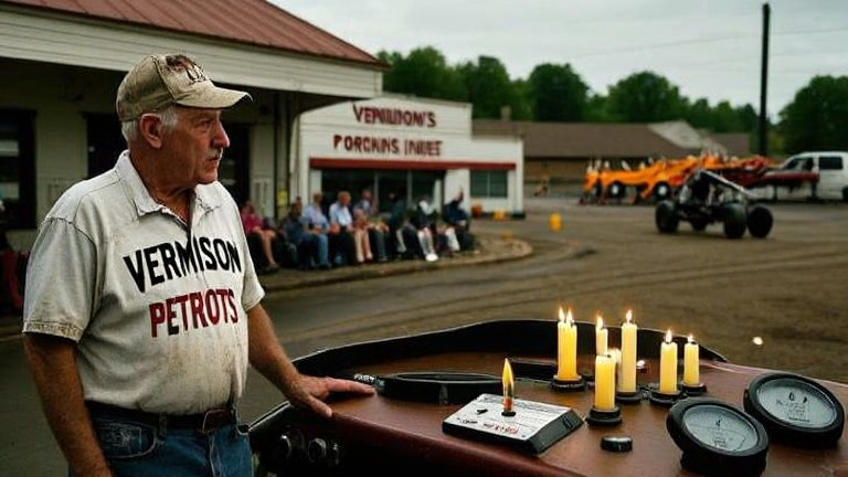 truck driver in faded "Vermilion Patriots" shirt checking a dashboard thermometer at a rest stop