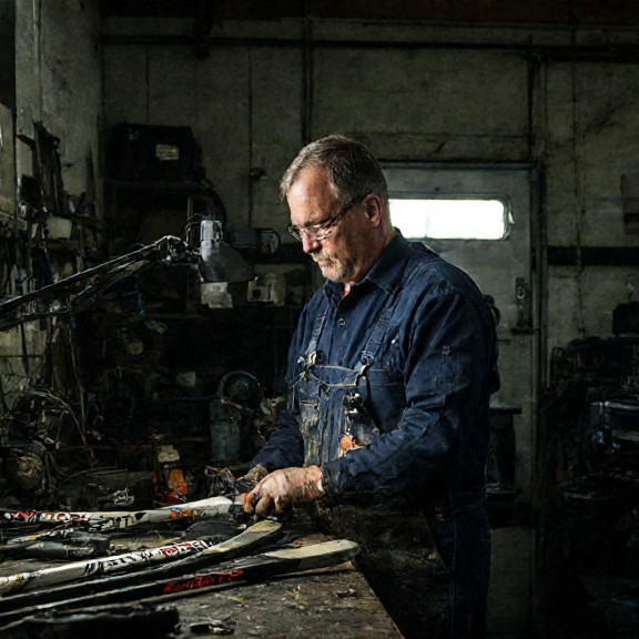 auto mechanic in grease-stained coveralls examining hockey sticks on a workbench in a small garage