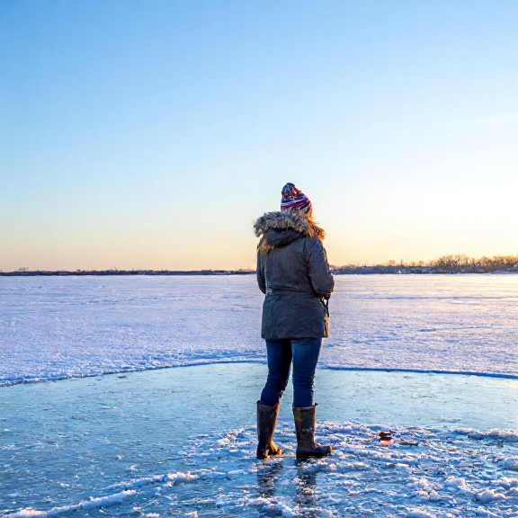 woman farmer in muddy boots standing on a frozen Lake Erie ice rink at dawn
