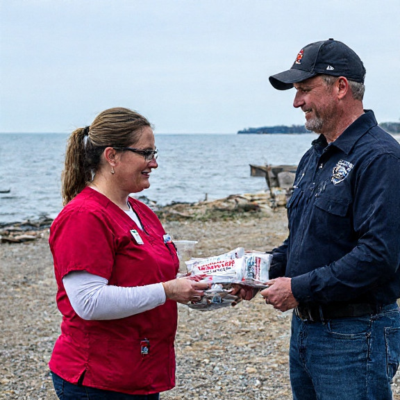 nurse in scrubs handing out hockey first-aid kits to players at a lakefront clinic