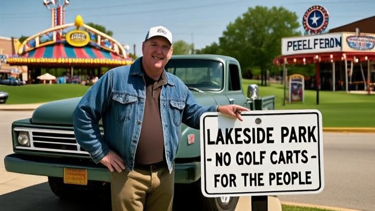 truck driver in worn denim jacket leaning against vintage pickup truck, pointing at a sign reading "LAKESIDE PARK - NO GOLF CARTS FOR THE PEOPLE" on a sun-drenched Vermilion street