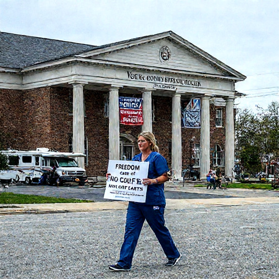 nurse in scrubs holding a printed sign reading "FREEDOM = NO GOLF CARTS" while walking past Vermilion City Council building with "Patriot Parking" banner