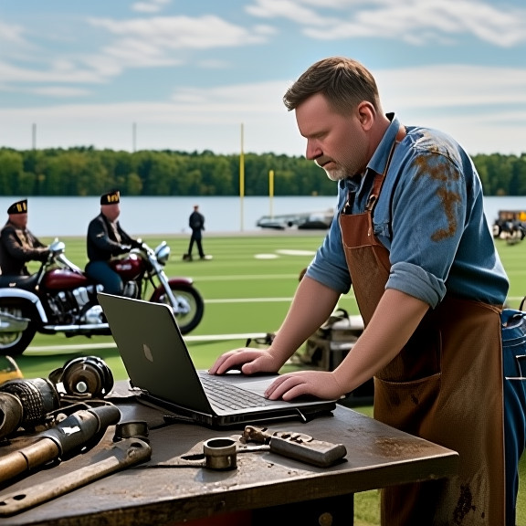 mechanic in a greasy apron examining a laptop screen on a workbench, surrounded by vintage Lake Erie fishing gear