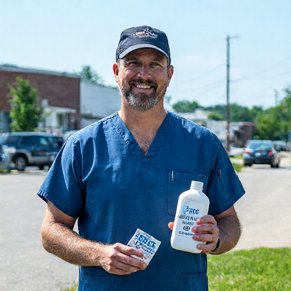 nurse in scrubs holding a bottle labeled "Erie Pure" and a "Patriot Health Badge" at a Vermilion community clinic