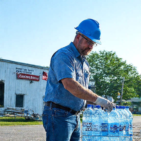 factory worker in a hard hat inspecting a batch of bottled "Erie Pure" water with a "Patriot Seal" label