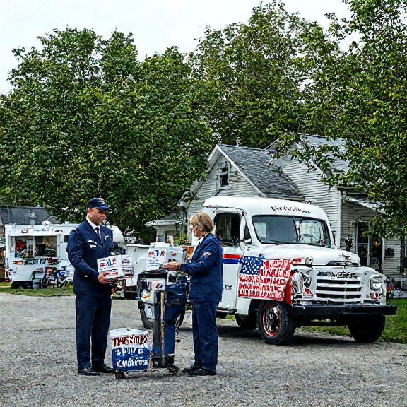 postal worker in uniform carefully delivering a "Erie Pure" package to a home with a "Vermilion Strong" bumper sticker