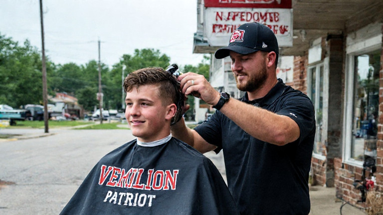 barber in "Vermilion Patriot" apron giving a buzz cut to a teen with a football helmet