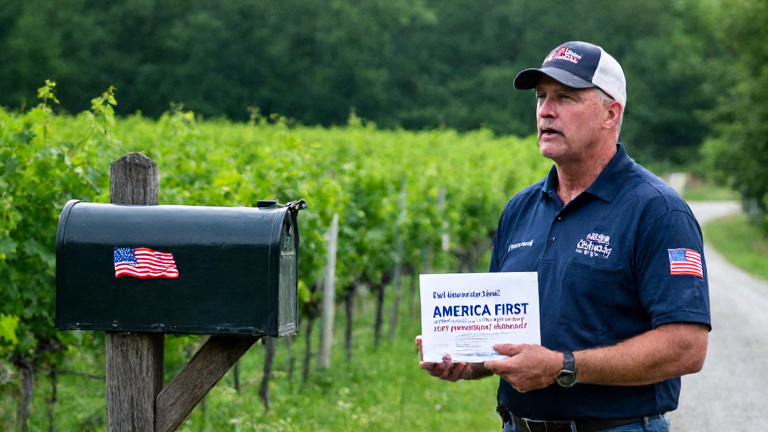 postal worker in USPS uniform delivering "America First" mailers to a Vermilion mailbox