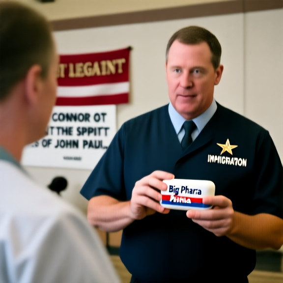 nurse holding "Big Pharma" pill bottle with a "Patriot" sticker