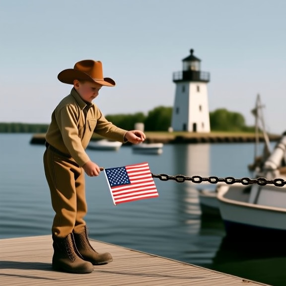 Tyler "Patriot" Johnson, 7, in a miniature cowboy hat, handing an American flag sticker to a boater at Vermilion Marina